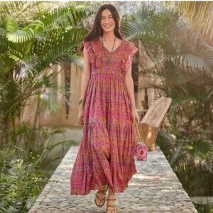 Sundance Mystical Mosaics Long Tiered Ruffle Maxi Dress XL